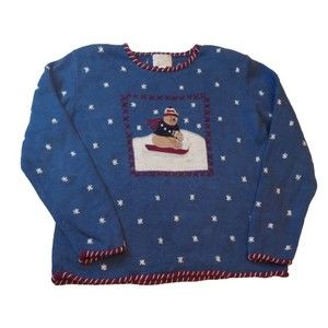 Christoper & Banks Vintage Hand Embroidered Sweater Snowflakes Bear Sledding L